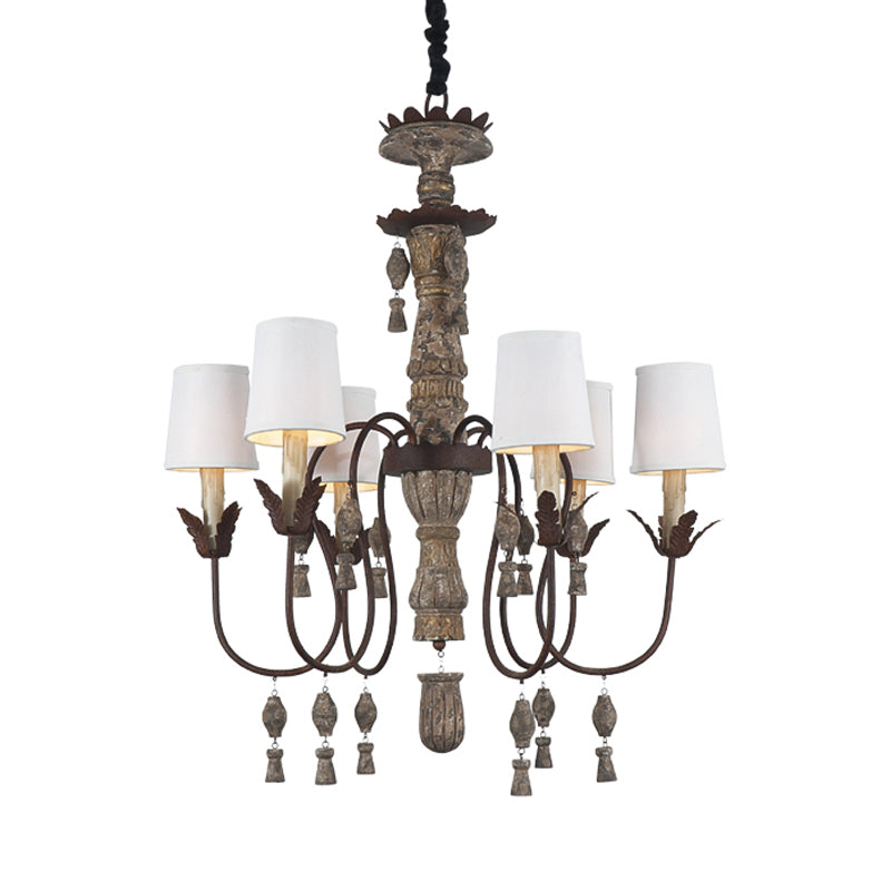 Tapered Fabric Chandelier Lamp Vintage 6 Lights Bedroom Hanging Light Fixture in Black with Wood Drop