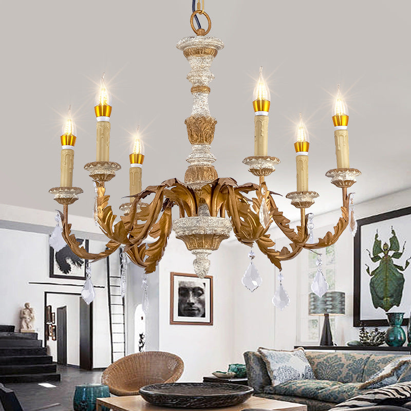 Gold Candle Chandelier Light Traditional Crystal 6 Lights Living Room Hanging Light Fixture