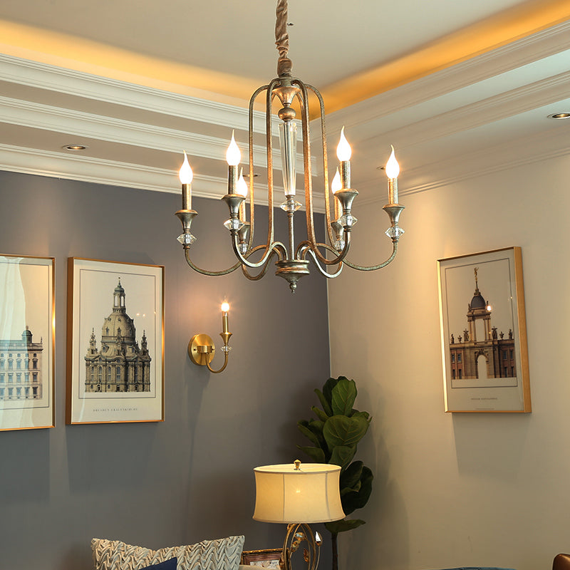 Candle Living Room Chandelier Light Rustic Metal 6 Lights Aged Silver Ceiling Pendant Light