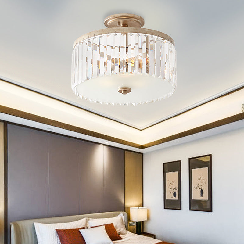3 Lights Clear Crystal Block Ceiling Light Vintage Drum Bedroom Semi Flush Mounted Light