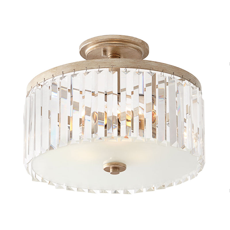 3 Lights Clear Crystal Block Ceiling Light Vintage Drum Bedroom Semi Flush Mounted Light