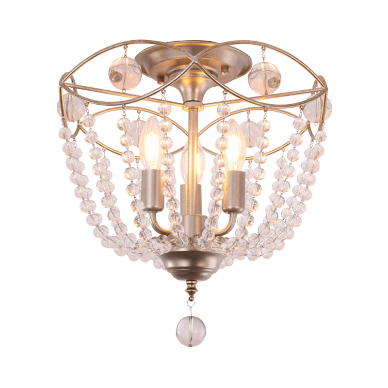 Candle Hallway Semi Flush Light Traditional Metal 3 Lights Gold Ceiling Light with Crystal Strand