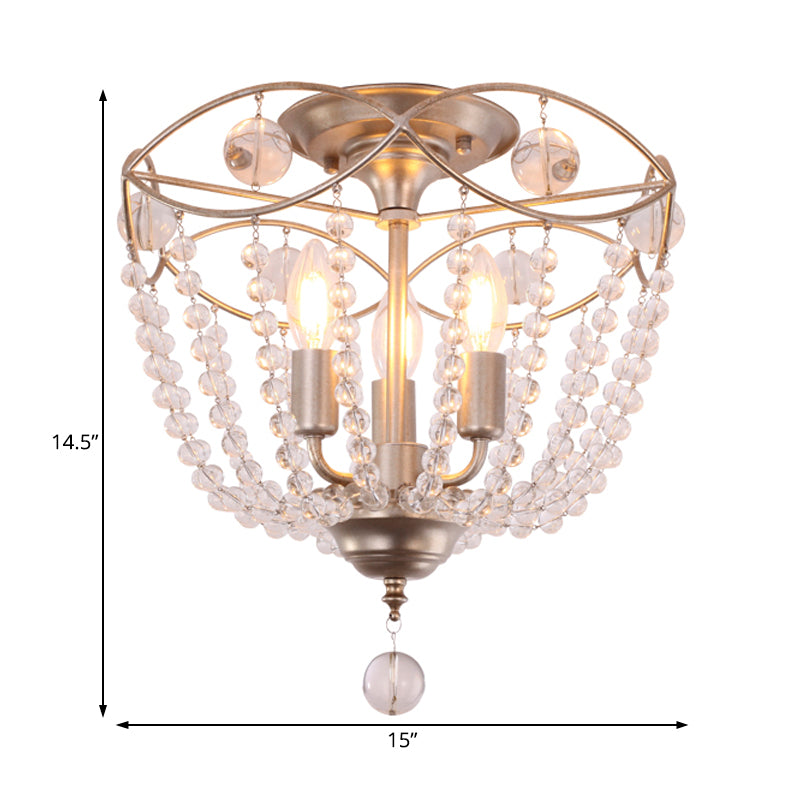 Candle Hallway Semi Flush Light Traditional Metal 3 Lights Gold Ceiling Light with Crystal Strand