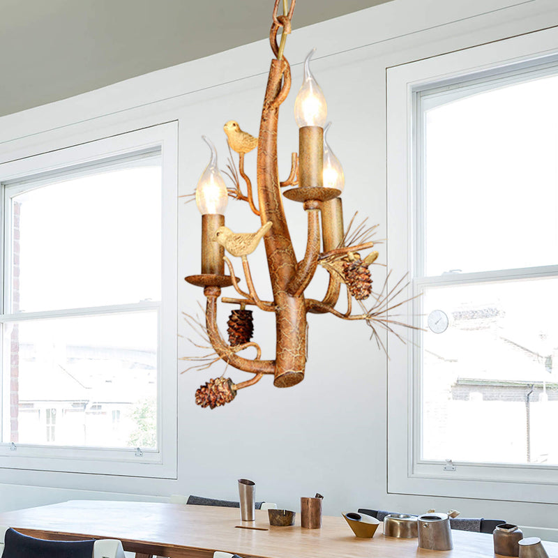 Candle Dining Room Ceiling Chandelier Rustic Metal 3/5 Lights Wood Hanging Fixture with Branch and Birds