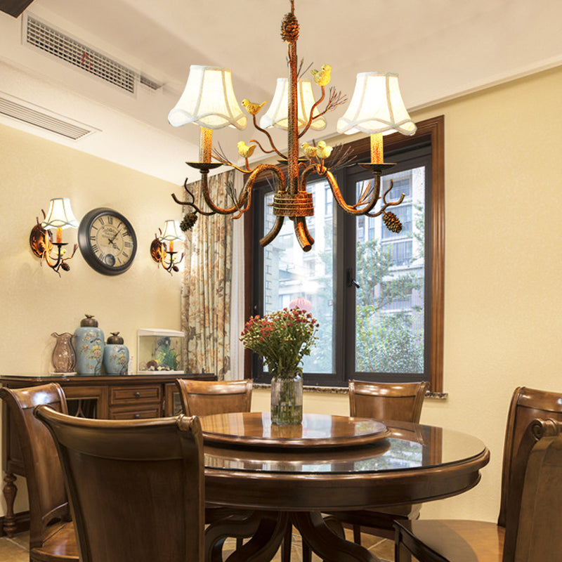 Brown 3 Lights Pendant Chandelier Rustic Metal Scalloped Hanging Light with Fabric Shade