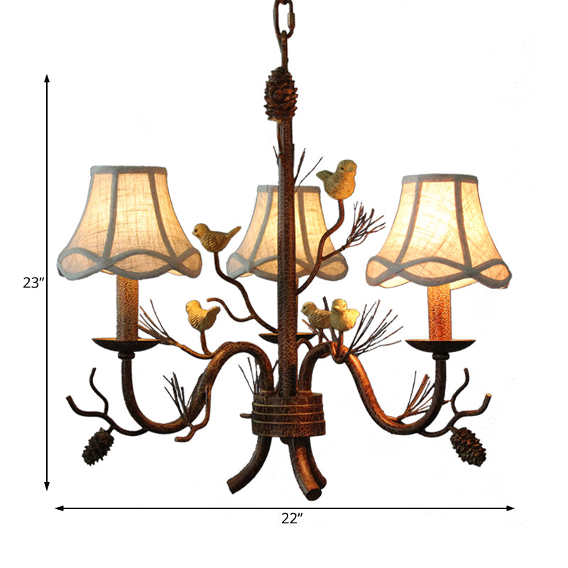 Brown 3 Lights Pendant Chandelier Rustic Metal Scalloped Hanging Light with Fabric Shade