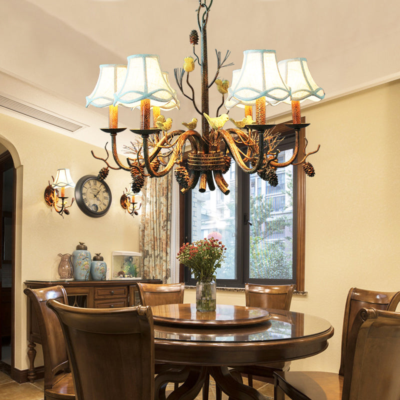 6 Lights Pendant Light Rustic Scalloped Metal Hanging Chandelier in White with Fabric Shade and Pinecone