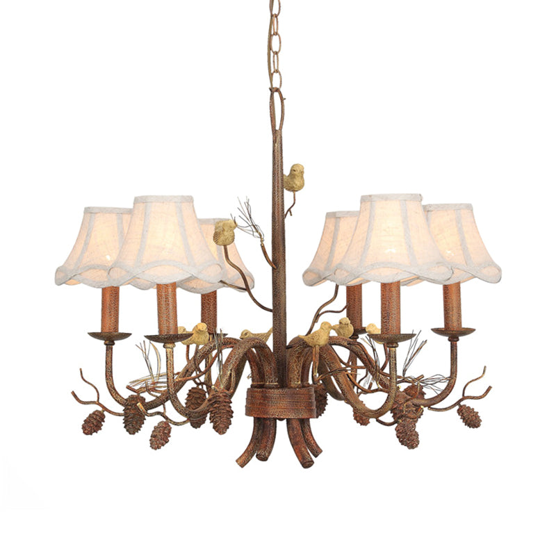 6 Lights Pendant Light Rustic Scalloped Metal Hanging Chandelier in White with Fabric Shade and Pinecone