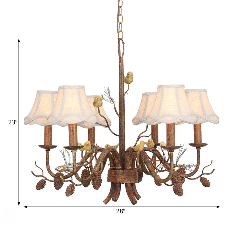 6 Lights Pendant Light Rustic Scalloped Metal Hanging Chandelier in White with Fabric Shade and Pinecone