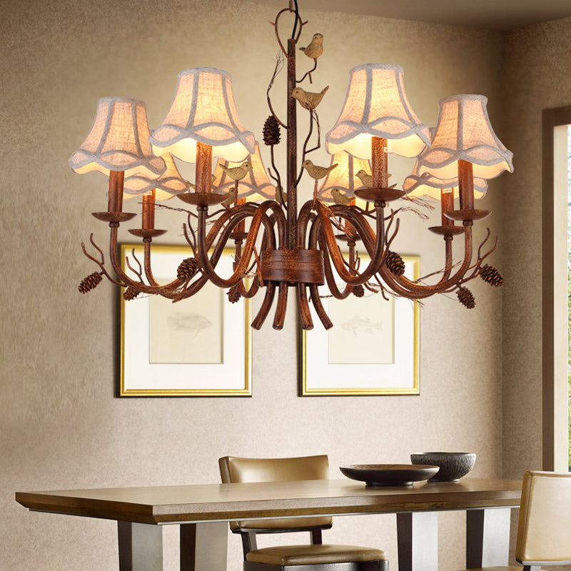 Brown Scalloped Pendant Lighting Rustic Metal 8 Lights Living Room Chandelier with White Fabric Shade and Pinecone
