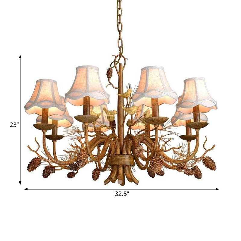 Brown Scalloped Pendant Lighting Rustic Metal 8 Lights Living Room Chandelier with White Fabric Shade and Pinecone