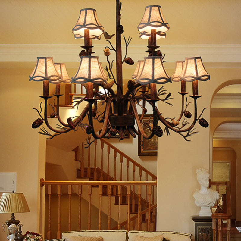 12 Lights Scalloped Chandelier Rustic Brown Metal Pendant Light Fixture with White Fabric Shade