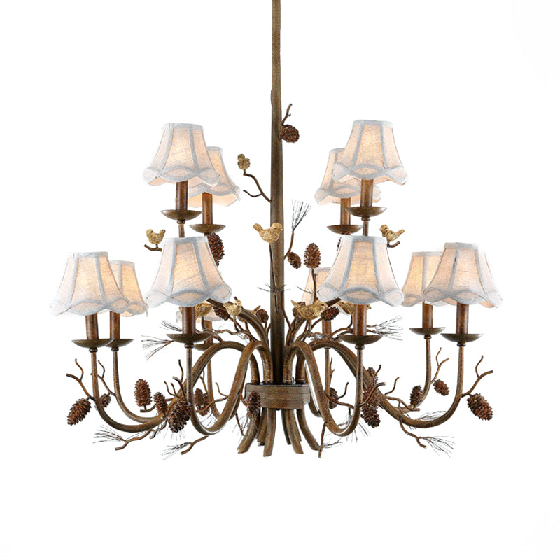 12 Lights Scalloped Chandelier Rustic Brown Metal Pendant Light Fixture with White Fabric Shade