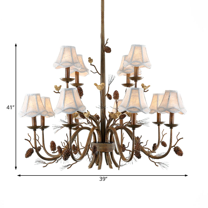 12 Lights Scalloped Chandelier Rustic Brown Metal Pendant Light Fixture with White Fabric Shade