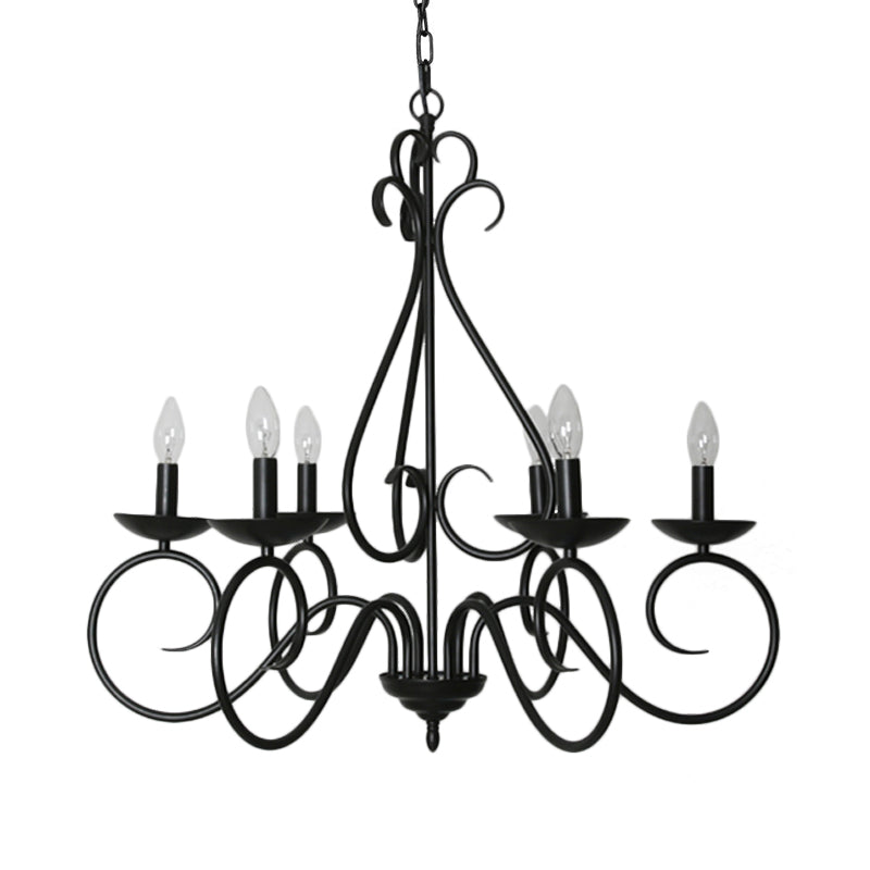 6 Lights Swirled Arm Chandelier Light Kit Traditional Black Metal Suspension Light for Dining Room