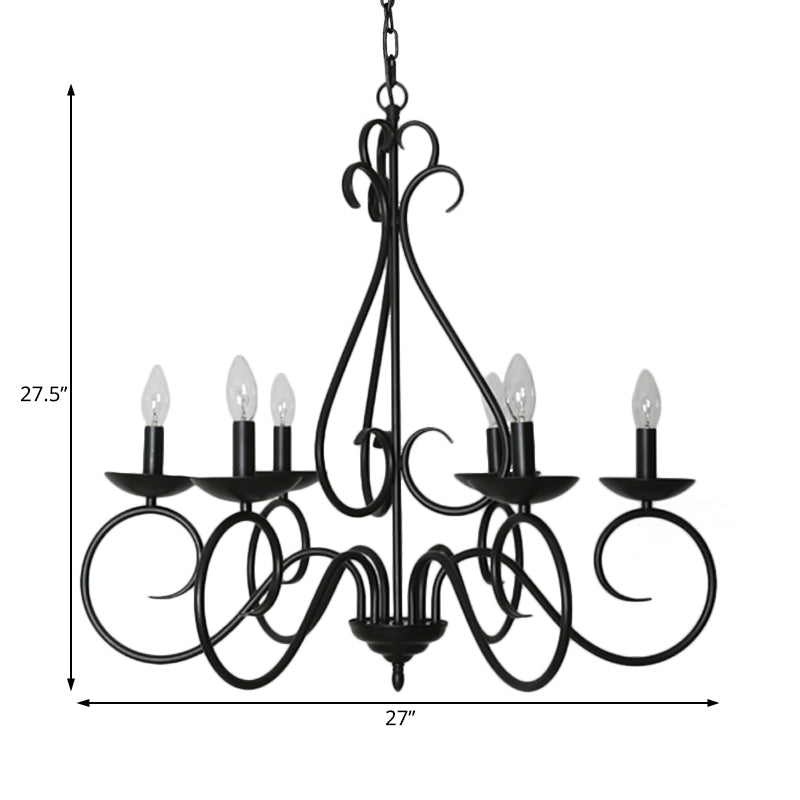 6 Lights Swirled Arm Chandelier Light Kit Traditional Black Metal Suspension Light for Dining Room
