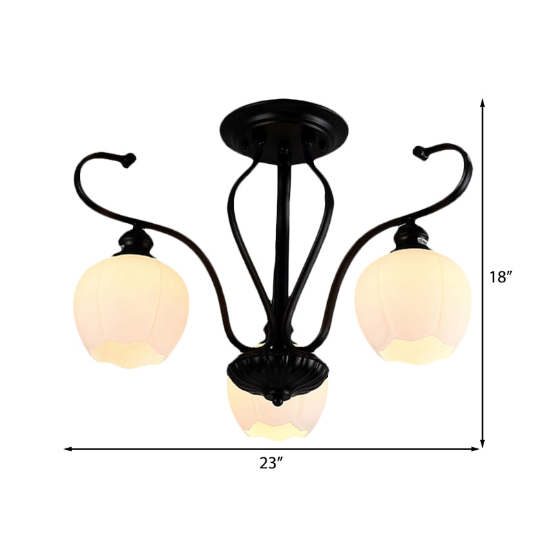 Flower Shape Living Room Semi Flush Light Classic White Glass 3/6/8 Lights Black Ceiling Lighting