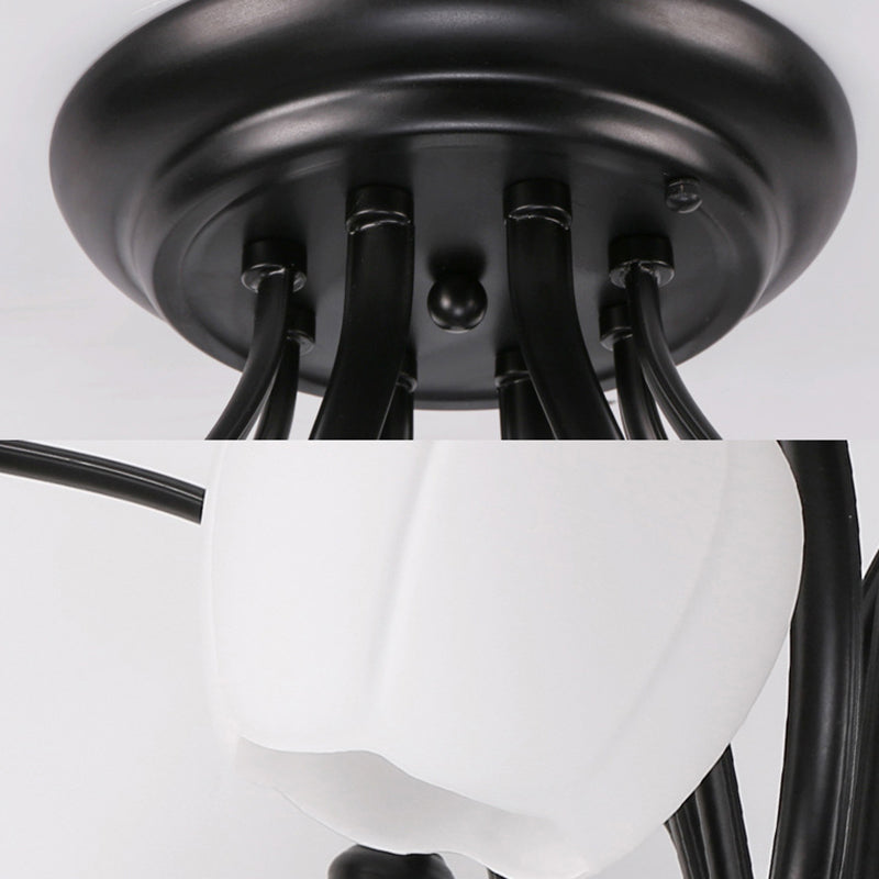 Flower Shape Living Room Semi Flush Light Classic White Glass 3/6/8 Lights Black Ceiling Lighting