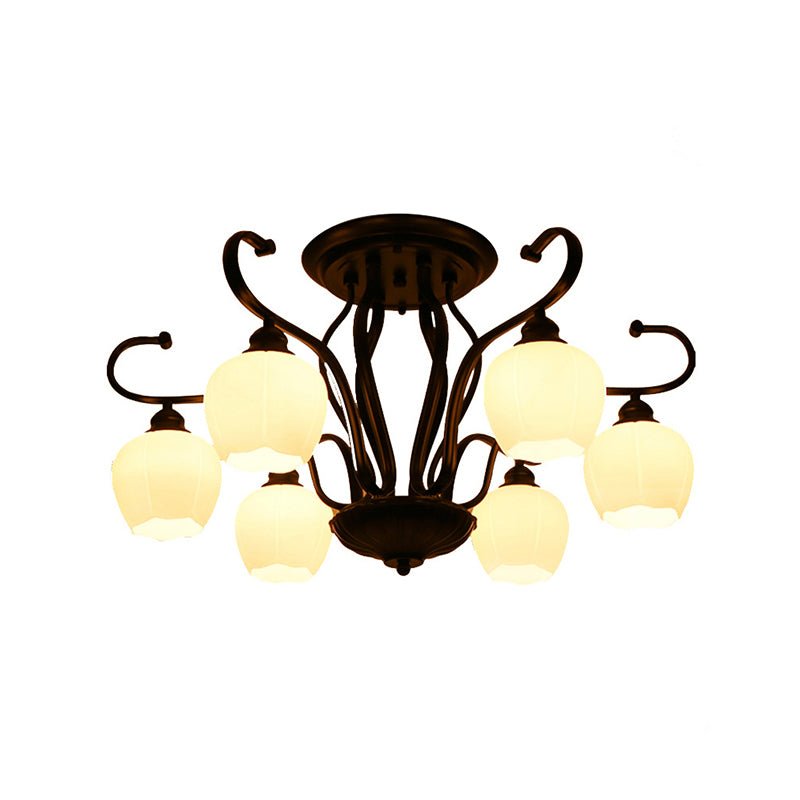 Flower Shape Living Room Semi Flush Light Classic White Glass 3/6/8 Lights Black Ceiling Lighting