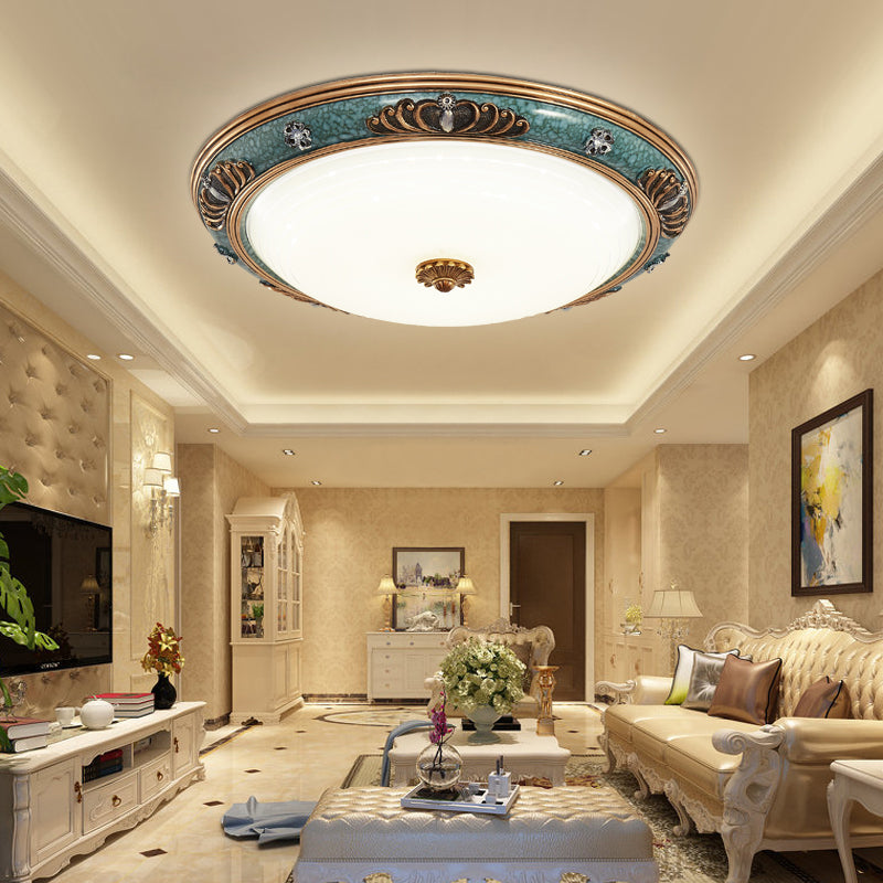 16"/19.5"/13.5" Wide LED Milky Glass Flush Light Fixture Traditional Green Crown Living Room Ceiling Lighting in Warm/White Light