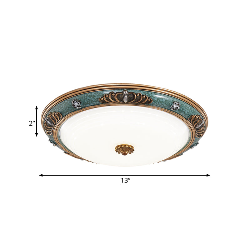 16"/19.5"/13.5" Wide LED Milky Glass Flush Light Fixture Traditional Green Crown Living Room Ceiling Lighting in Warm/White Light