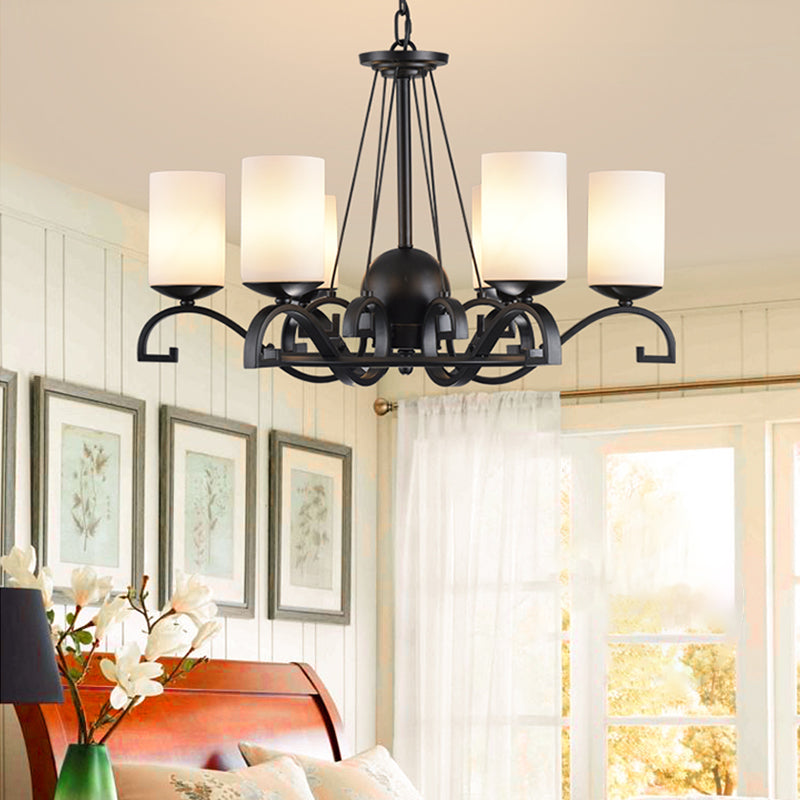 White Glass Cylinder Chandelier Light Fixture Rustic 6 Lights Bedroom Hanging Ceiling Light in Black