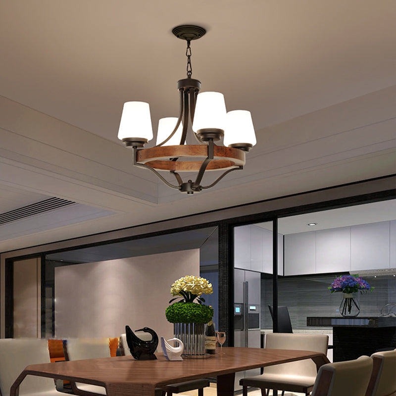 White Glass Cone Ceiling Light Fixture Rustic 4 Lights Dining Light Chandelier Light with Wooden Ring in Black