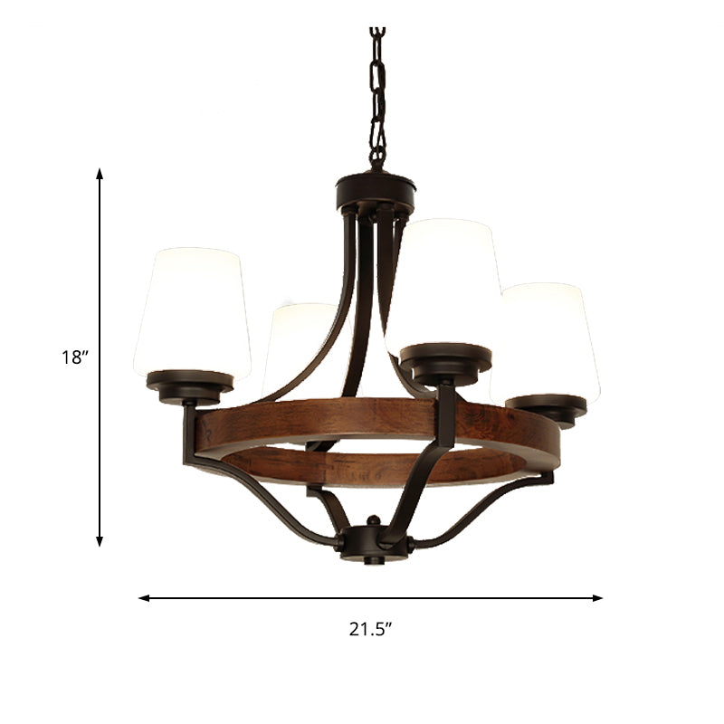 White Glass Cone Ceiling Light Fixture Rustic 4 Lights Dining Light Chandelier Light with Wooden Ring in Black