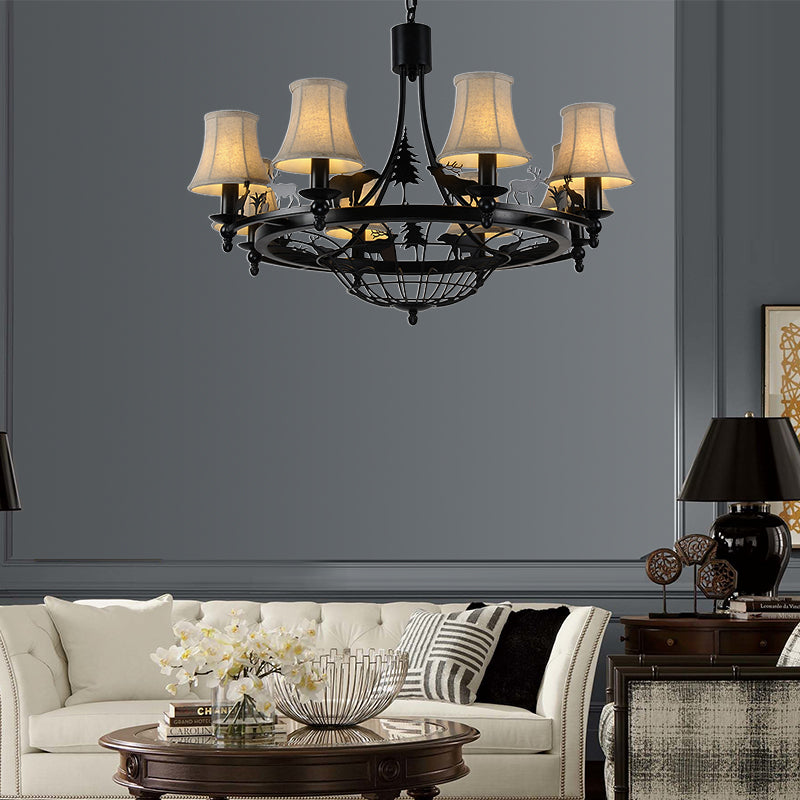 6 Lights Fabric Chandelier Light Fixture Traditional Black Cone Living Room Ceiling Light