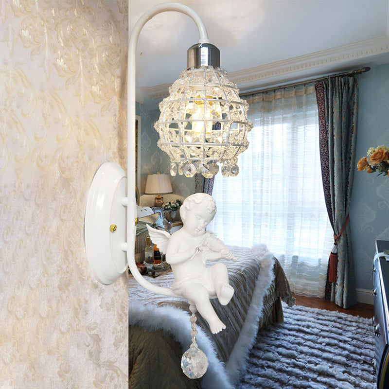 1 Light Wall Sconce Light with Globe Crystal and Angel Decoration Simple Corridor Wall Mount Light in White