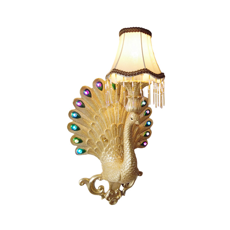 Gold Peacock Wall Light Fixture Southeast Asia Style Resin 1 Light Living Room Sconce Lamp with Scallop Shade