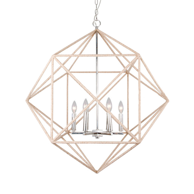 4 Heads Dining Room Hanging Chandelier Contemporary Beige Ceiling Pendant Light with Cage Metal Shade