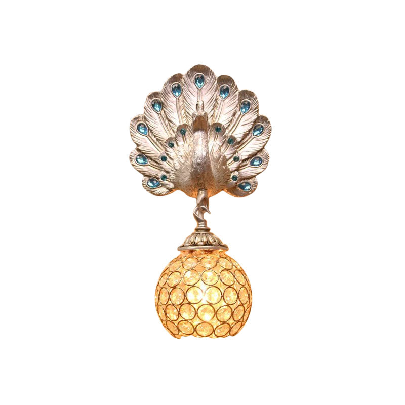 Dome Metal and Crystal Wall Light Antique Style 1 Light Corridor Wall Sconce Light with Silver Peacock Backplate
