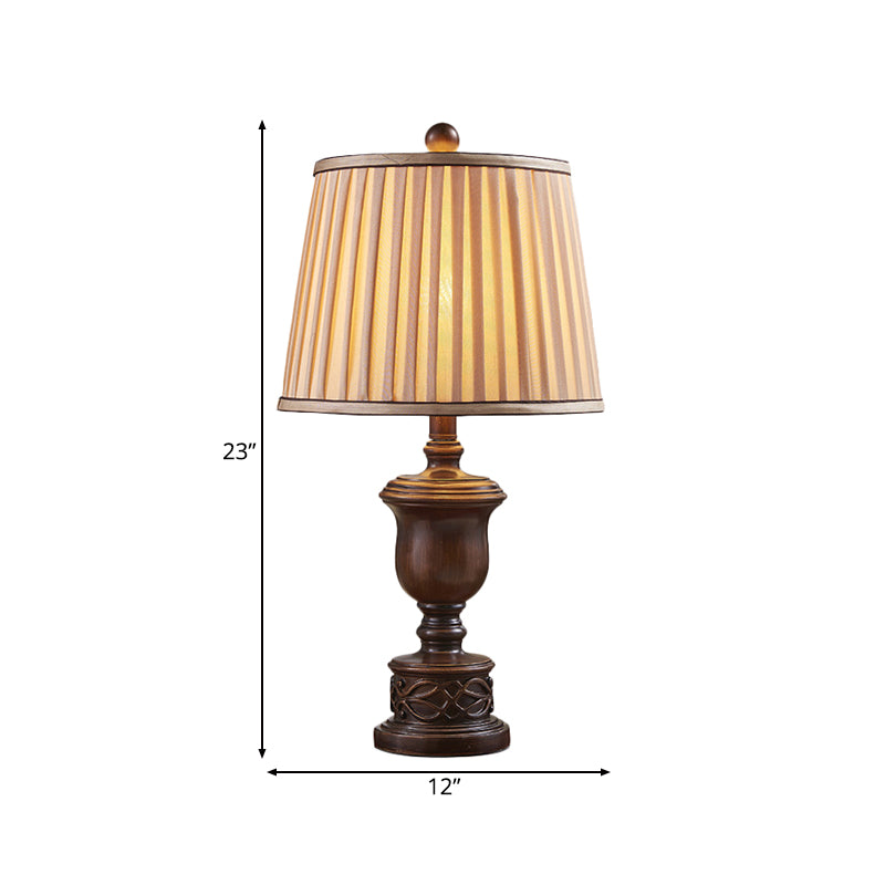 1 lámpara de mesa de luz con tono de tela plisado lámpara de mesita de noche antigua con base de madera marrón