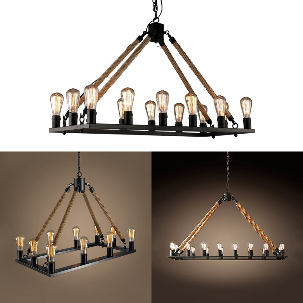 10/14 Lights Rectangle Hanging Lamp with Open Bulb Loft Style Black Metallic and Rope Island Lighting