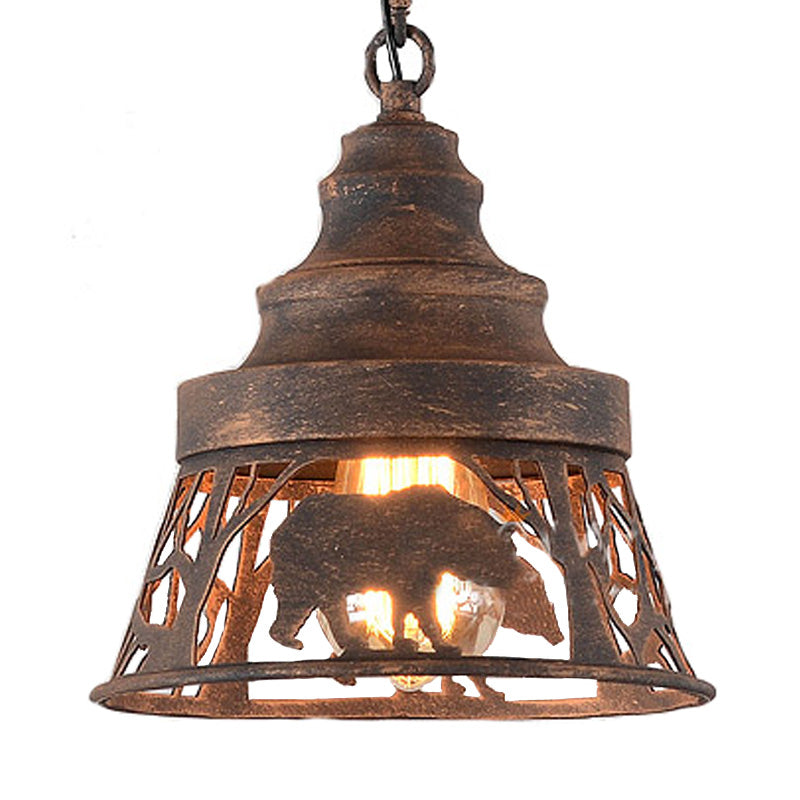 8"/12"/18" W Tapered Hanging Ceiling Light Country Metal 1/2 Lights Restaurant Pendant Lighting in Rust with Animal Pattern