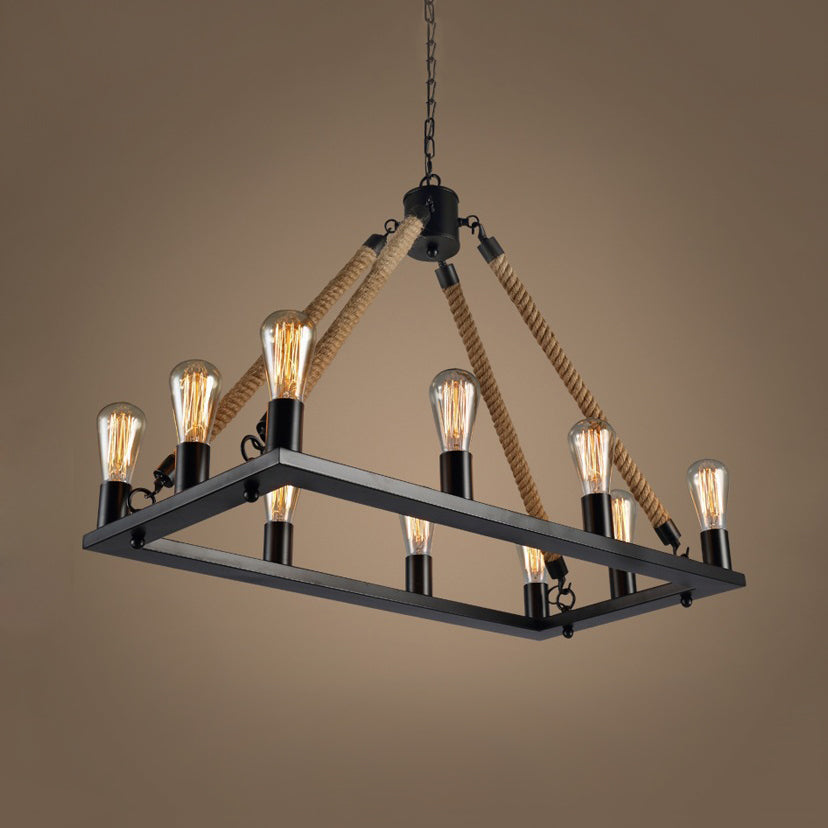 10/14 Lights Rectangle Hanging Lamp with Open Bulb Loft Style Black Metallic and Rope Island Lighting