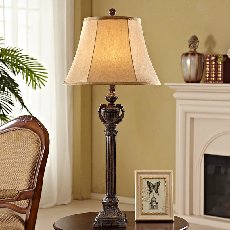 Column Living Room Table Light Vintage Resin 1 Light Bronze Reading Lamp with Flared Fabric Shade
