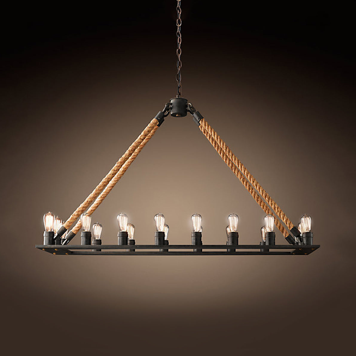 10/14 Lights Rectangle Hanging Lamp with Open Bulb Loft Style Black Metallic and Rope Island Lighting