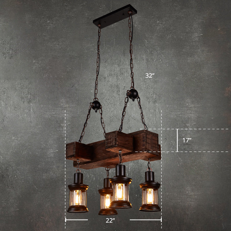 Wooden Brown Ceiling Light Lantern 6 Bulbs Rustic Hanging Island Lamp for Restaurant