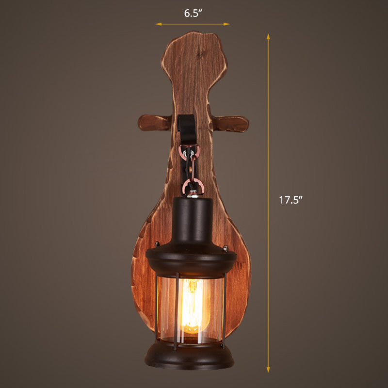 Nautical Novelty Guitar Wall Light Fixture 1-Light Wooden Sconce with Lantern Lampshade