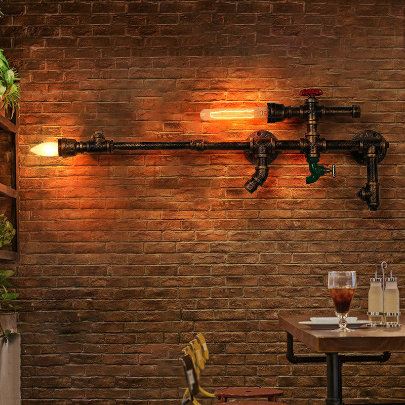 Industrial Pipe Wall Mount Light 2 Heads Wrought Iron Wall Sconce Lighting in Rust