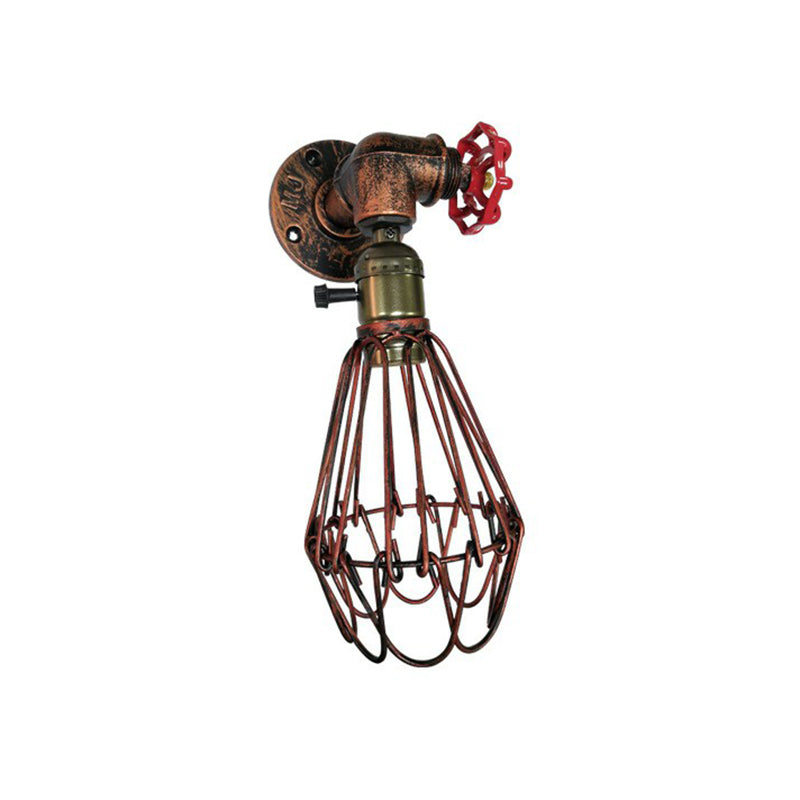 1-Bulb Cage Wall Light Fixture Warehouse Rust Red Metallic Sconce Light for Living Room