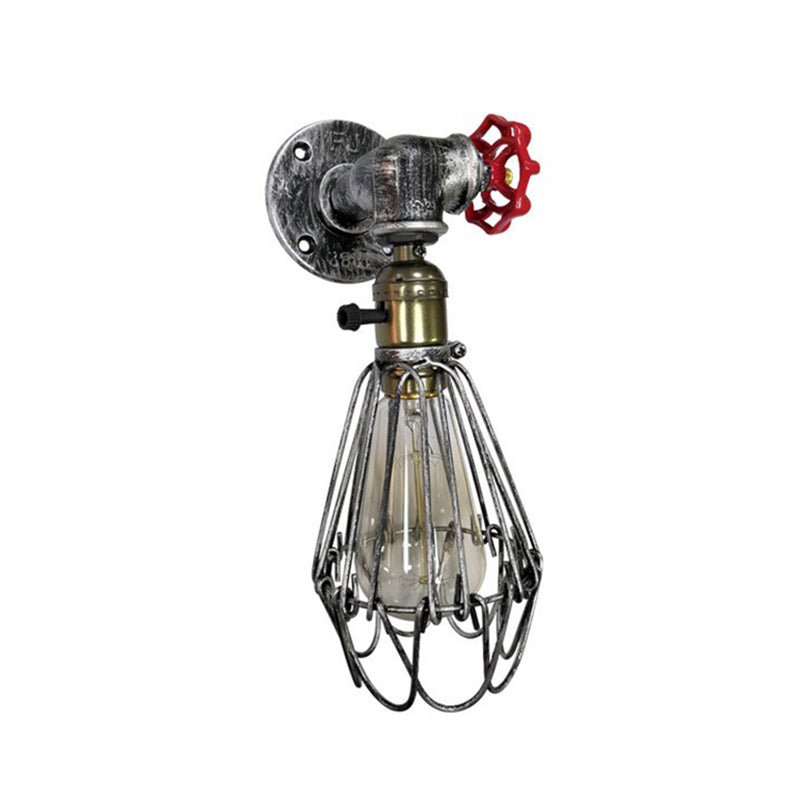 1-Bulb Cage Wall Light Fixture Warehouse Rust Red Metallic Sconce Light for Living Room