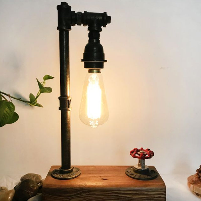 Bronze Finish Water Pipe Table Light Industrial Iron 1-Light Bedroom Night Lamp with Wooden Base and Valve Dimmer Switch