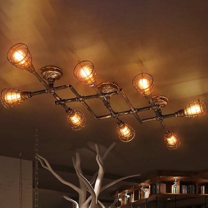 Luminaire de plafonnage Pipotor Industrial Antiquised Bronze Metal Semi Flush Mount Light With Cage