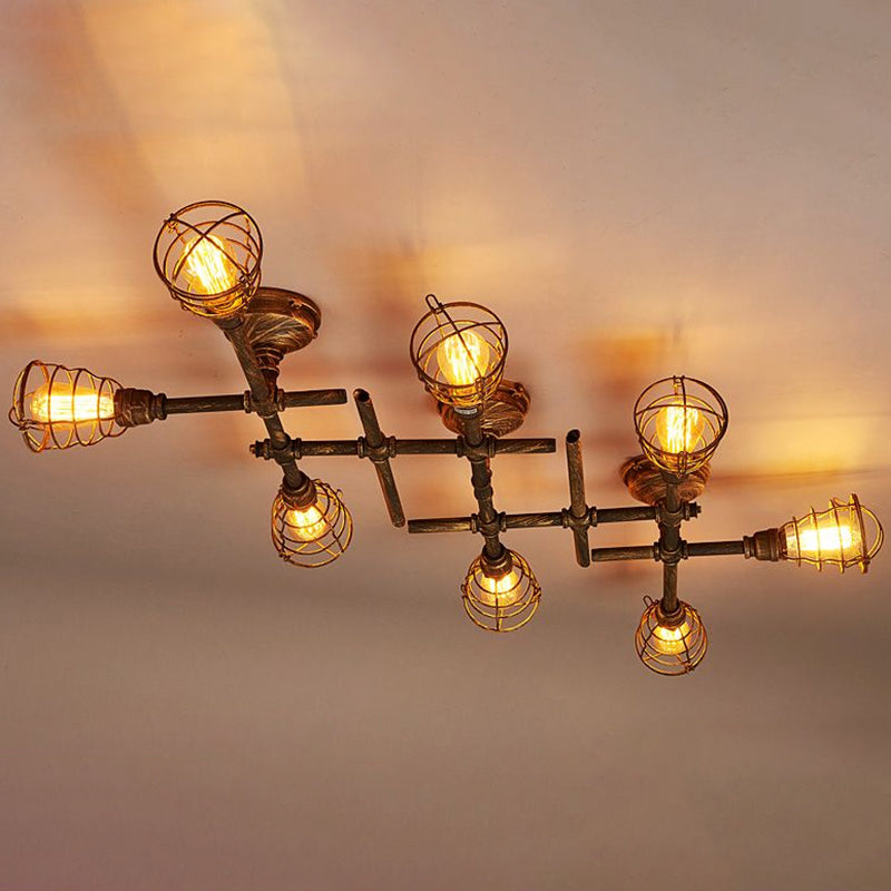 Luminaire de plafonnage Pipotor Industrial Antiquised Bronze Metal Semi Flush Mount Light With Cage