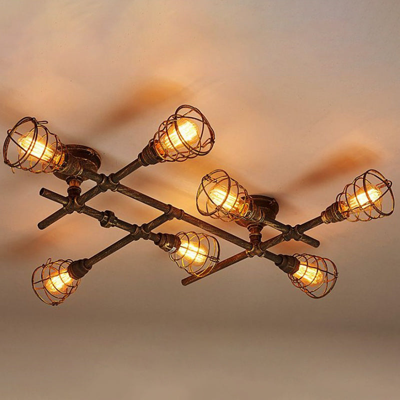 Luminaire de plafonnage Pipotor Industrial Antiquised Bronze Metal Semi Flush Mount Light With Cage