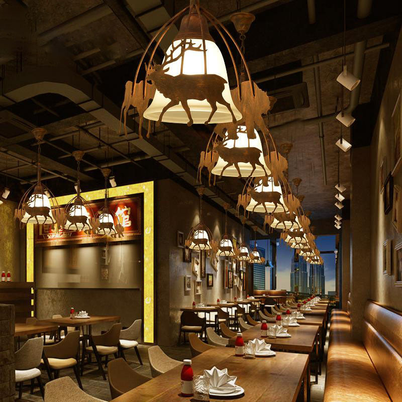 Rust 1 Light Pendant Light Countryside Frosted Glass Bell Hanging Lamp for Restaurant with Deer