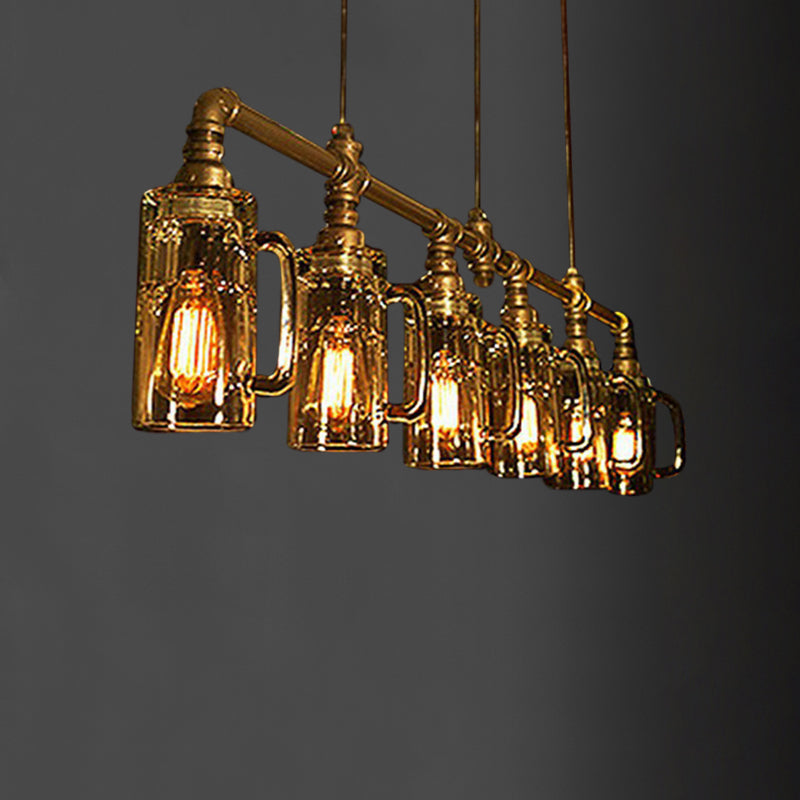 Beer Mug Bar Hanging Light Industrial Clear Glass 6 Bulbs Gold Island Lamp with Pipe Decor